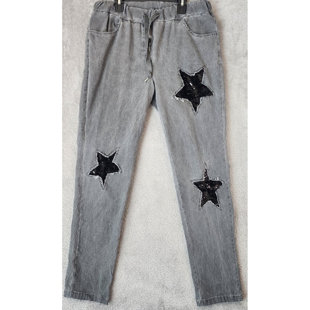 Made in Italy Pants Womens Large Gray Sequin Star Acid Wash Drawstring Retro
